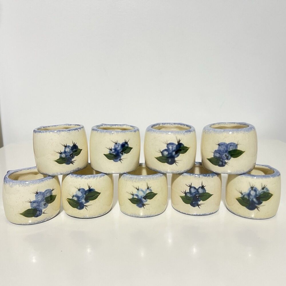 9 Debbie's Blueberry Ware Napkin Rings Ceramic Pottery Blue Sponge Maine